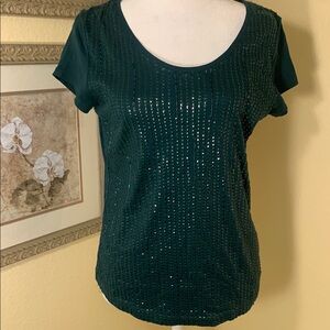 LOFT Green Sequin Fitted Short Sleeve Tee